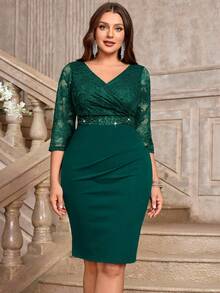 Vestido de cóctel ajustado elegante con cuello en V, encaje floral de contraste, lentejuelas y cintura fruncida, apropiado para fiesta de San Valentín, boda formal, cumpleaños, graduación, regreso a casa - Verde Oscuro - Ver 6