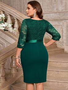 Vestido de cóctel ajustado elegante con cuello en V, encaje floral de contraste, lentejuelas y cintura fruncida, apropiado para fiesta de San Valentín, boda formal, cumpleaños, graduación, regreso a casa - Verde Oscuro - Ver 3