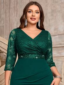 Vestido de cóctel ajustado elegante con cuello en V, encaje floral de contraste, lentejuelas y cintura fruncida, apropiado para fiesta de San Valentín, boda formal, cumpleaños, graduación, regreso a casa - Verde Oscuro - Ver 8