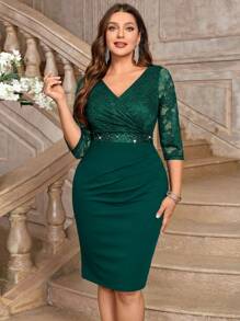 Vestido de cóctel ajustado elegante con cuello en V, encaje floral de contraste, lentejuelas y cintura fruncida, apropiado para fiesta de San Valentín, boda formal, cumpleaños, graduación, regreso a casa - Verde Oscuro - Ver 2