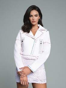 Chaqueta de mujer de unicolor con cuello con rhinestones y piel sintética, atuendo para Fin de Año, blusa para salir de fiesta, con diseño de cinturón con botón, estilo de pasarela de moda, versátil y de