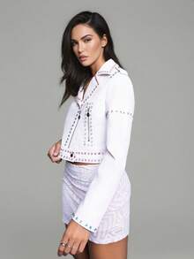 Chaqueta de mujer de unicolor con cuello con rhinestones y piel sintética, atuendo para Fin de Año, blusa para salir de fiesta, con diseño de cinturón con botón, estilo de pasarela de moda, versátil y de