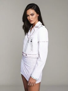 Chaqueta de mujer de unicolor con cuello con rhinestones y piel sintética, atuendo para Fin de Año, blusa para salir de fiesta, con diseño de cinturón con botón, estilo de pasarela de moda, versátil y de