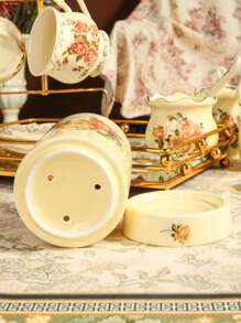 1 pieza Soporte para palillos de cerámica con estampado de rosas nicho, adecuado para almacenar palillos, cucharas y tenedores, frasco de almacenamiento de cocina, regalo ideal para inauguración de casa