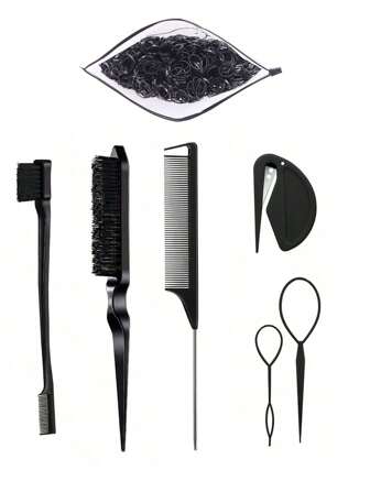7-delad verktygssats för svart hår, inklusive 2 franska flätningsverktyg, 1 spetsad svanskam, 1 lösborste, 1 kam med dubbla ändar, 1 bärbar gummibandsborttagare och 1 paket med 1000 gummiband, verktygssats för hårband, flätverktygsring( 1 paket med 1000 resårer kan köpas separat)