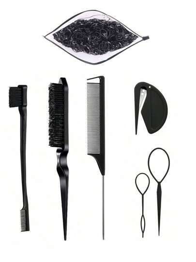 7-częściowy zestaw narzędzi do włosów w kolorze czarnym, w tym 2 narzędzia do zaplatania warkoczyków francuskich, 1 grzebień ze spiczastym ogonem, 1 szczotka do rozczesywania, 1 grzebień dwustronny, 1 przenośny przyrząd do usuwania gumek i 1 opakowanie 1000 gumek, zestaw narzędzi do opasek do włosów, pierścień do zaplatania (1 opakowanie 1000 gumek można kupić osobno)