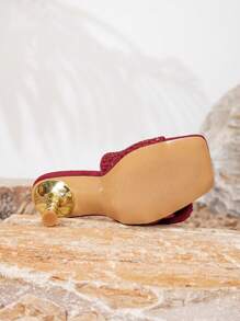 New Fashionable Versatile Crystal Bow Strap Crystal High Heel Sandals - Burgundy - View 2