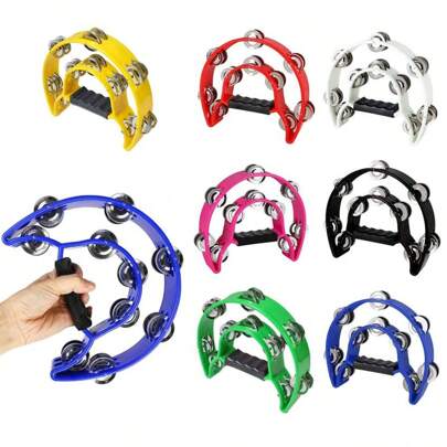 1 pieza Pandereta de plástico con doble de cencerros para adultos, instrumento musical portátil de percusión para ritmo, utilizado en fiestas, con borlas, instrumentos musicales para adultos