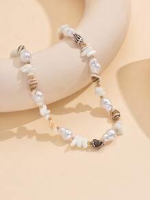 1 件岛屿风格天然贝壳仿珍珠串珠项链，时尚女士颈链，适合日常、派对、旅行和照片装饰。天然贝壳图案随机分布。