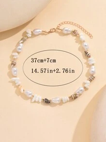 1 件岛屿风格天然贝壳仿珍珠串珠项链，时尚女士颈链，适合日常、派对、旅行和照片装饰。天然贝壳图案随机分布。