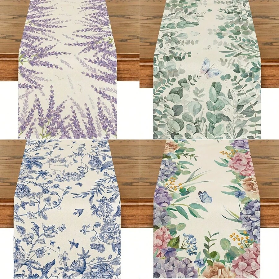 Toalha de mesa de borboleta de eucalipto e lavanda, corredor de mesa monocromático com pássaros e flores, hortênsia azul, decoração de mesa de cozinha de primavera, decoração de festa em casa, toalha de mesa resistente a óleo e manchas