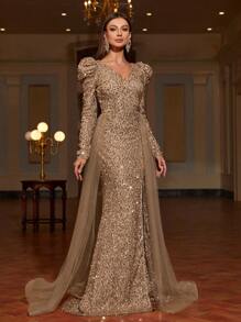 Faeriesty Elegant Sequin Long-Sleeve Slit Formal Dress With Ethereal Tulle Train | Luxury Gala Evening Look For Graduation Proms, Birthday Women Outfits & Black Tie Affairs