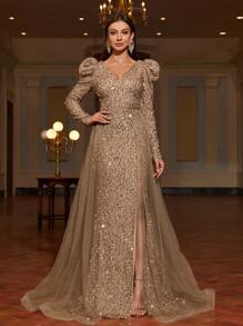 Faeriesty Elegant Sequin Long-Sleeve Slit Formal Dress With Ethereal Tulle Train | Luxury Gala Evening Look For Graduation Proms, Birthday Women Outfits & Black Tie Affairs