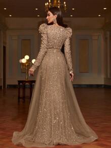 Faeriesty Elegant Sequin Long-Sleeve Slit Formal Dress With Ethereal Tulle Train | Luxury Gala Evening Look For Graduation Proms, Birthday Women Outfits & Black Tie Affairs