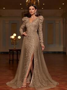 Faeriesty Elegant Sequin Long-Sleeve Slit Formal Dress With Ethereal Tulle Train | Luxury Gala Evening Look For Graduation Proms, Birthday Women Outfits & Black Tie Affairs