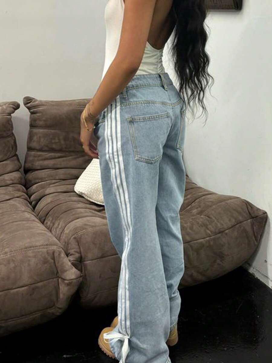 Y2K Style Lace-Up Bow Tie Waist Women Straight Leg Jeans With Pockets Casual Spring - Light Wash - View 1