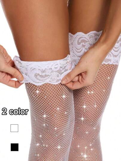 1/2 Pairs Women Sexy Thigh High Stocking Sparkly Rhinestone Fishnets Socks