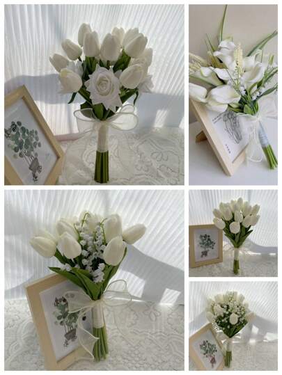 Artificial Flowers White Bride Bridal Bouquet Bridesmaid Bouquet, White Tulip & Calla Lily Wedding Flowers Bouquets For Bridesmaids,Wedding, Ceremony, Anniversary, Valentine's Day Gifts Party Home Decorations,Photography Props Birthday Graduation Birthday Decorations Party Decorations Bachelorette Summer Beach Back To School School Supplies Room Decor