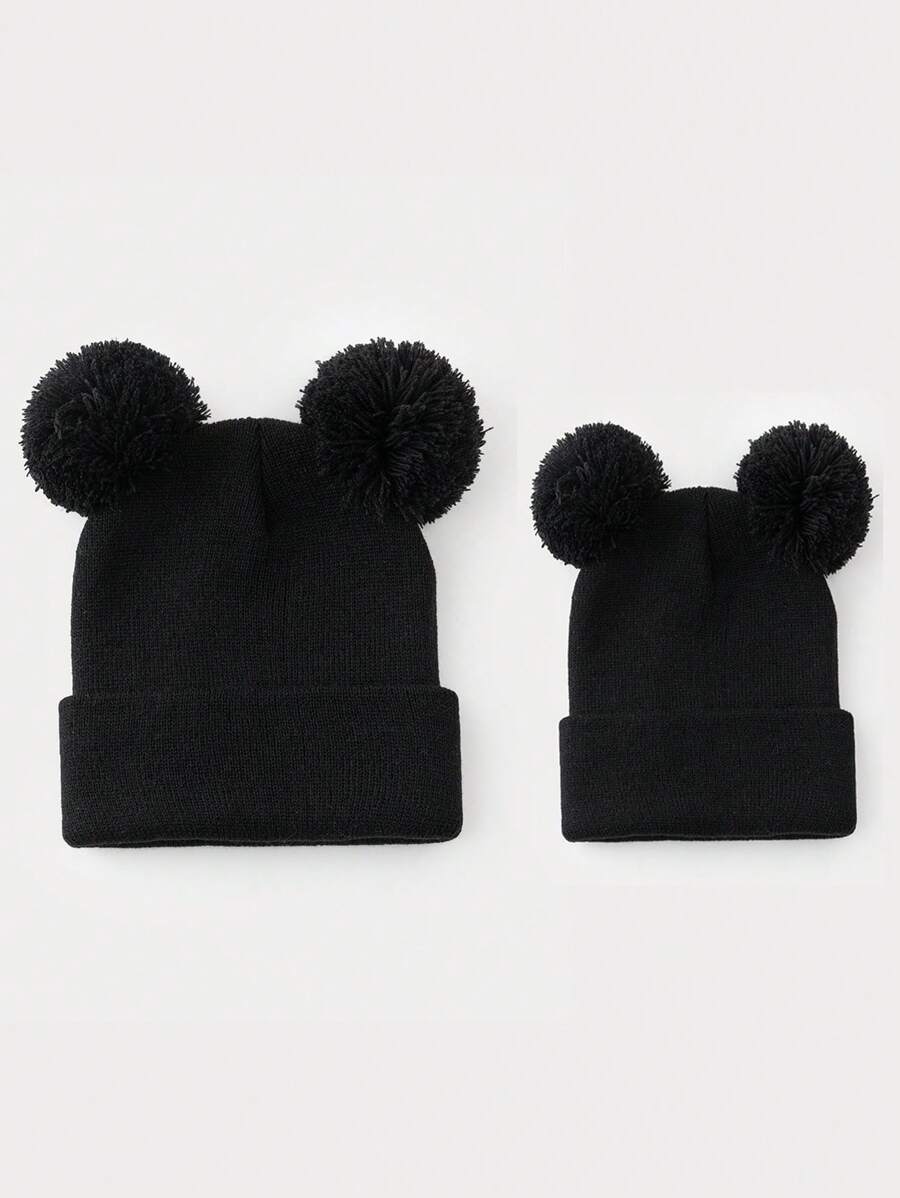 1 pieza Gorro de punto de unicolor y versátil con dos bolas, adecuado para outfits casuales de otoño/invierno de mujer