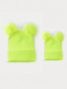 1 pieza Gorro de punto de unicolor y versátil con dos bolas, adecuado para outfits casuales de otoño/invierno de mujer