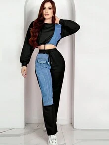 Damski Patchworkowy Casualowy Kombinezon Do Biegania, Poliestrowa Bluza Z Okrągłym Dekoltem I Kieszeniami, Dzianina, Nadaje Się Do Podróży, Domu, Sportu I Imprezy - Seria Jesień/Zima