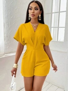 Amarilo Women'S Batwing Short Sleeve Asymmetrical Waist Romper - Turmeric - View 2