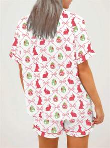 Women Easter Pajamas Set Bow/Rabbit Print Button T-Shirt And Elastic Shorts For Loungewear Soft Sleepwear - 乳白色 - 查看 6