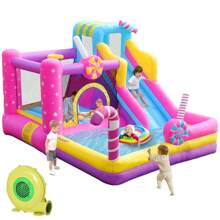 Trampolín Grande para Exteriores Infantil con Tema de "Parque de Dulces" - Incluye Bomba Inflable de Alta Potencia - Tipo de Enchufe A USA (110-127V) - Ver 2