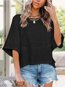 Women's Summer Casual Crewneck Batwing Half Sleeve T-Shirts Solid Color Loose Fit Cute Basic Flowy Tops Tees Blouses - màu đen - Xem 2