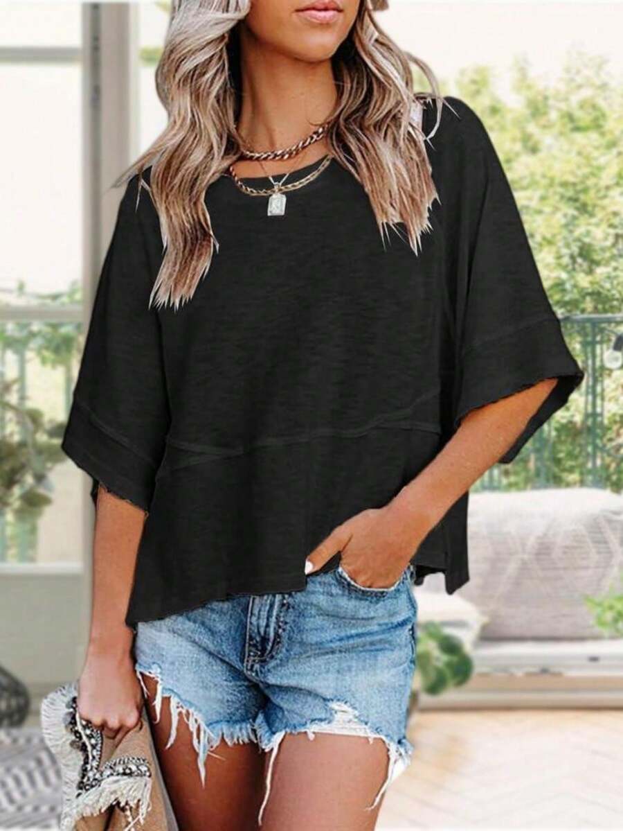 Women's Summer Casual Crewneck Batwing Half Sleeve T-Shirts Solid Color Loose Fit Cute Basic Flowy Tops Tees Blouses - màu đen - Xem 1