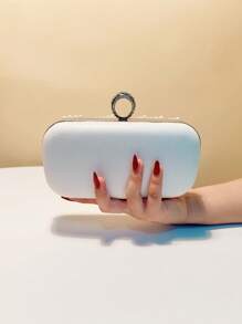 Finger Ring Rhinestones Small Clutch Bags Pearl Crystal Hollow Out Style Ladies Evening Bags Flap Design Wedding Bridal White Handbags With Shoulder Chain Purse - White - View 5