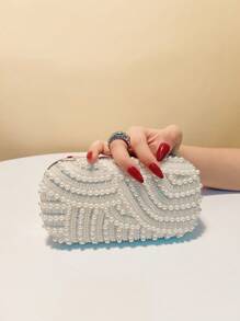 Finger Ring Rhinestones Small Clutch Bags Pearl Crystal Hollow Out Style Ladies Evening Bags Flap Design Wedding Bridal White Handbags With Shoulder Chain Purse - White - View 1