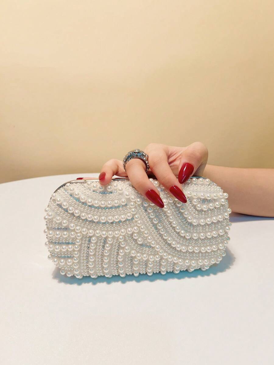 Finger Ring Rhinestones Small Clutch Bags Pearl Crystal Hollow Out Style Ladies Evening Bags Flap Design Wedding Bridal White Handbags With Shoulder Chain Purse - White - View 1