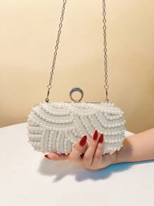 Finger Ring Rhinestones Small Clutch Bags Pearl Crystal Hollow Out Style Ladies Evening Bags Flap Design Wedding Bridal White Handbags With Shoulder Chain Purse - White - View 2