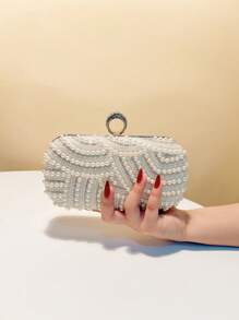 Finger Ring Rhinestones Small Clutch Bags Pearl Crystal Hollow Out Style Ladies Evening Bags Flap Design Wedding Bridal White Handbags With Shoulder Chain Purse - White - View 4