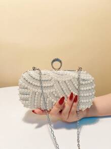 Finger Ring Rhinestones Small Clutch Bags Pearl Crystal Hollow Out Style Ladies Evening Bags Flap Design Wedding Bridal White Handbags With Shoulder Chain Purse - White - View 7