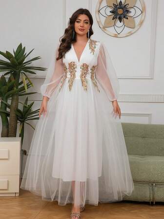 白色深V領長袖網紗大尺碼婚紗禮服