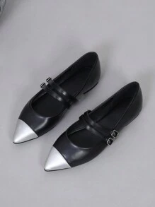 Ladies Flat Pointed Toe Patchwork Shoes, Comfortable & Elegant - Black - View 2