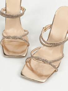 Damen Mules Sandaletten mit quadratischer Zehenpartie, modischer Kristall-Plateauschuhe, klassischer Strass-Riemen im Göttin-Stil offene Zehenpartie, glamouröse champagnerfarbene Valentine Schuhe