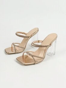 Damen Mules Sandaletten mit quadratischer Zehenpartie, modischer Kristall-Plateauschuhe, klassischer Strass-Riemen im Göttin-Stil offene Zehenpartie, glamouröse champagnerfarbene Valentine Schuhe
