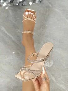 Damen Mules Sandaletten mit quadratischer Zehenpartie, modischer Kristall-Plateauschuhe, klassischer Strass-Riemen im Göttin-Stil offene Zehenpartie, glamouröse champagnerfarbene Valentine Schuhe