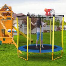 MERAX 5.5FT Trampoline For Kids - 65" Outdoor & Indoor Mini Toddler Trampoline With Enclosure, Basketball Hoop And Ball Included - Yellow - View 2