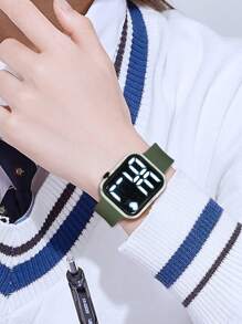 Kids Square Colorful Lighting Electronic Watches, Sports E-Watch Suitable For Daily Life & Gift-Giving - Army Green - View 2