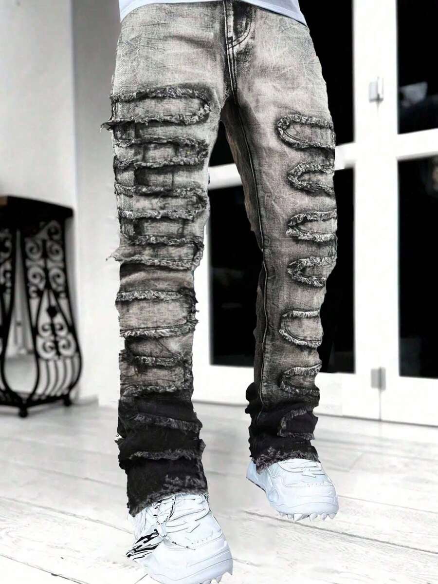 Men's Distressed Straight Leg Slim Fit Casual Jeans - Black - View 1