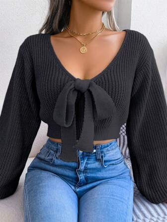 Y2K Cropped Sweater Women V-Neck Puff Sleeve Tie Waist Bow Detail Solid Plush Fleece Festival Top