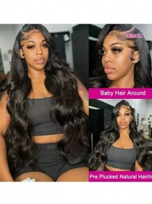 180%密度13x4蕾丝前假发，真人发丝，无需胶水，专为女性设计，预先拔毛漂白发结，巴西原生发，自然发际线，自然色 - 黑色 - 查看 7