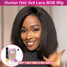 卷曲直发短鲍勃假发 4x4 蕾丝前假发 人发巴西雷米透明蕾丝前假发 女士 Yaki 直发预拔蕾丝闭合假发 - 黑色 - 查看 2