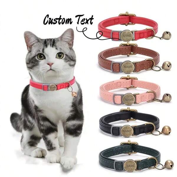 Collare per animali domestici in finta pelle personalizzato con incisioni, campanello e targhetta identificativa - stile vintage, fibbia a sgancio rapido, accessorio collare per gatti durevole, adatto agli amanti dei gatti