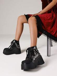Women's Y2K Punk Goth Platform Ankle Boots Fashion Chain Round Hole Wedges High Heels Thick Bottom Cosplay Boots Woman