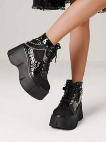 Women's Y2K Punk Goth Platform Ankle Boots Fashion Chain Round Hole Wedges High Heels Thick Bottom Cosplay Boots Woman